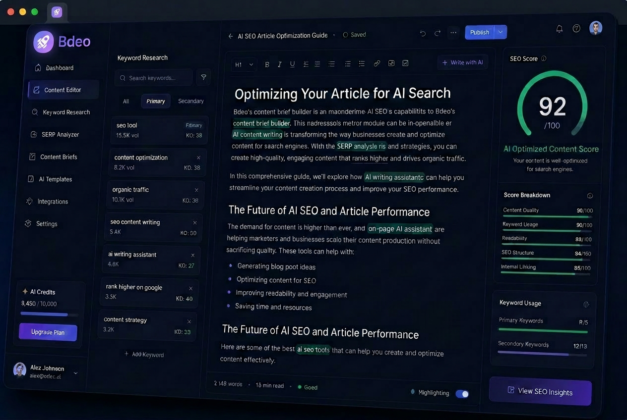 Bdeo editor showing keyword research and SEO score